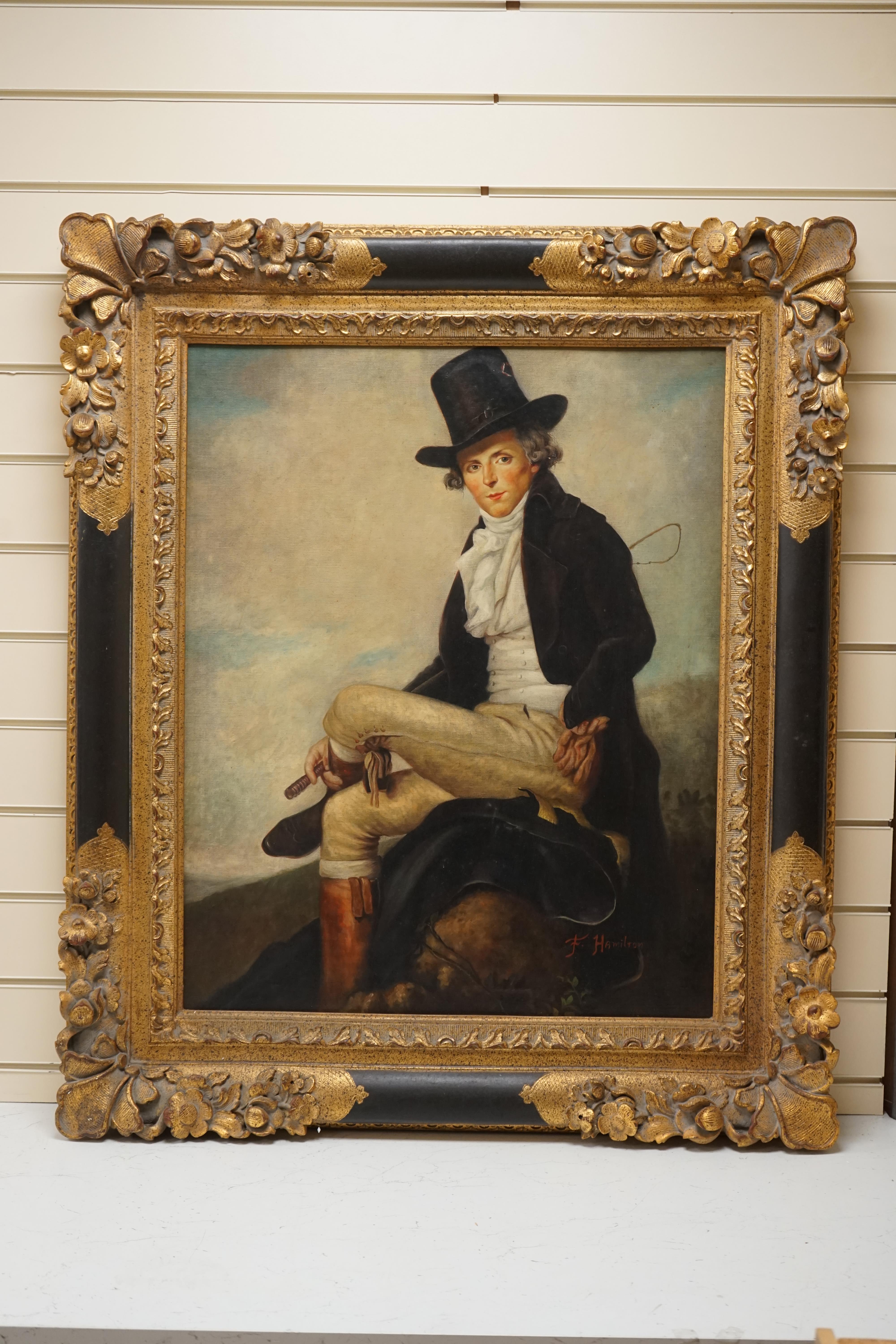 F. Hamilton, oil on canvas, Portrait of Pierre Seriziat, signed, 74 x 59cm, ornate gilt frame. Condition - fair to good, would benefit from a clean